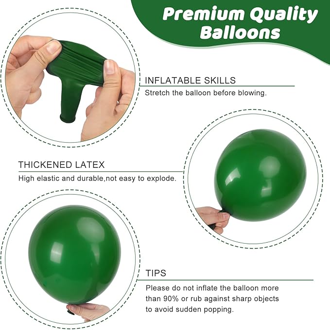 RUBFAC 135pcs Dark Green Balloons Different Sizes 18 12 10 5 Inch for Garland Arch, Emerald Green Christmas Balloon for Safari Jungle Party Birthday Baby Shower Masquerade Party Wedding Decorations