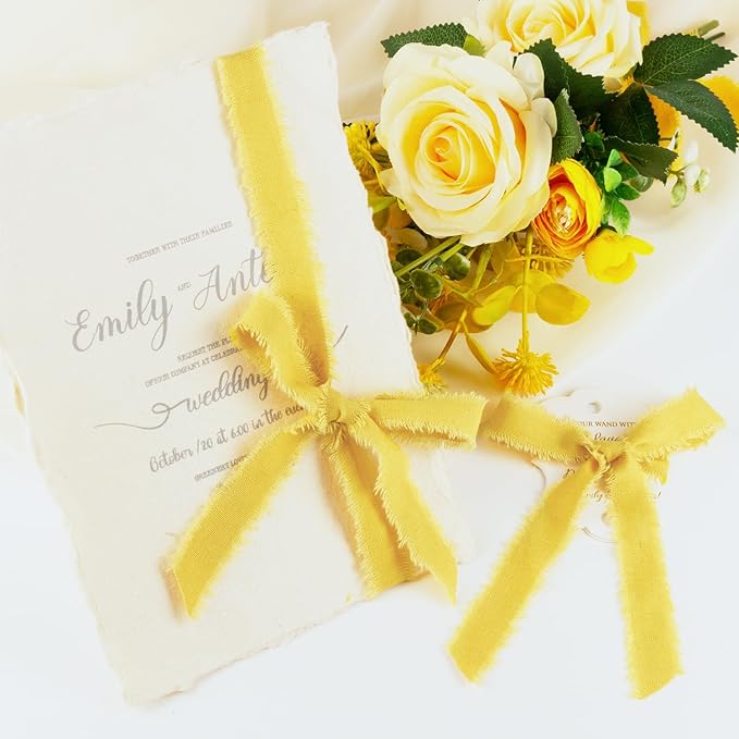 Yellow Cotton Ribbon 5/8 Inch Mustard Yellow 3 Rolls 21 Yards Frayed Edge Fabric Set for Wedding Decor, Bridal Bouquet Wrap, Baby Shower, Gift Wrapping & Fall Decor