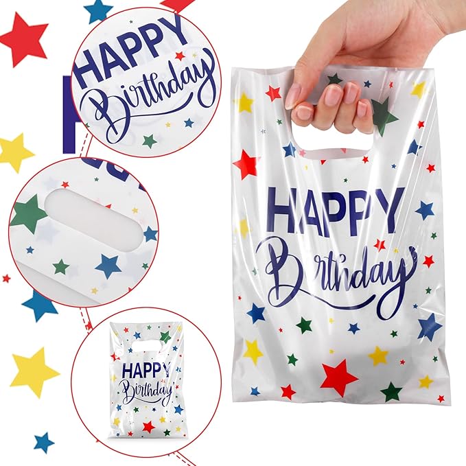 Hxezoc 50 Pieces Birthday Candy Bags Happy Birthday Goodie Bag Plastic Treat Bags Gift Wrap with Handles Favor Bags For Birthday Party Decoration Supplies (White)