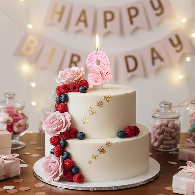 Number 9 Birthday Candle, Pink Bow Birthday Candles, Glitter Candle Cake Topper, Happy Birthday Cake Decoration Gifts, Anniversary Party Supplies for Girl