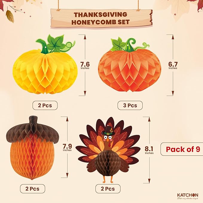 KatchOn, Thanksgiving Hanging Decorations - Pack of 9 | Turkey Centerpieces, Thanksgiving Decorations Indoor | Turkey Decorations, Pumpkin Decorations | Friendsgiving Party Decorations, Harvest Décor