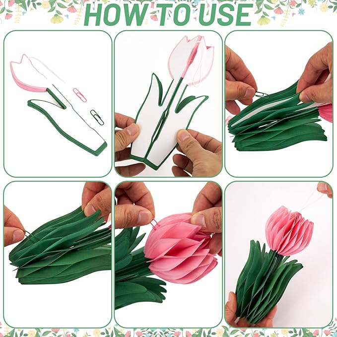 SUNBEAUTY Flower Honeycomb Decor Tulips Table Centerpieces Spring Decoration for Home Office Paper Flower Tulip Honeycomb Decor for Garden Party Mothers Day Decoration Easter Party Birthday Tea Party