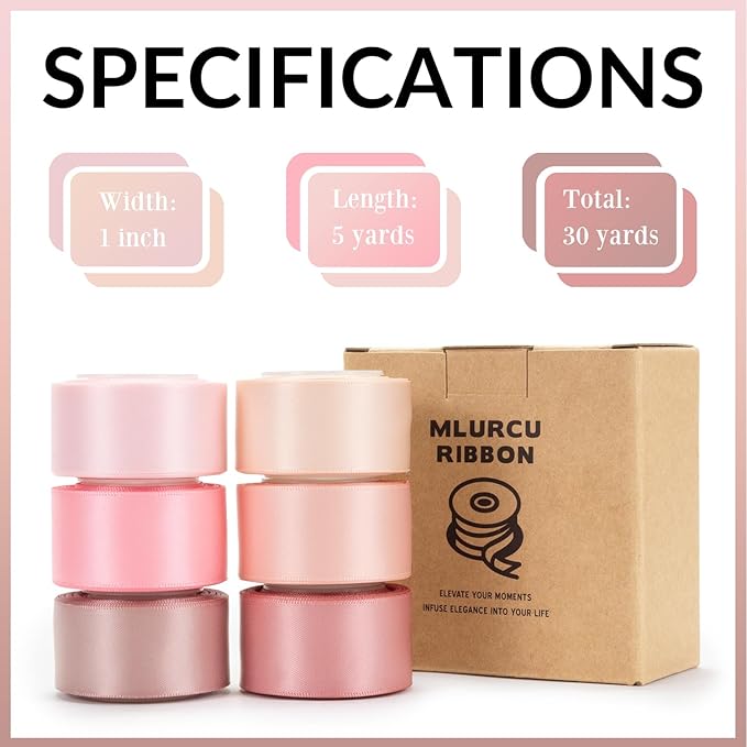 Pink Satin Ribbon 1 Inch Dusty Rose/Rose Gold/Nude/Peach/Pink Ribbon for Flower Bouquet Gift Wrapping Wedding Invitation Bridal Shower Decor Hair Bows Crafts 6 Rolls Total 30Yds