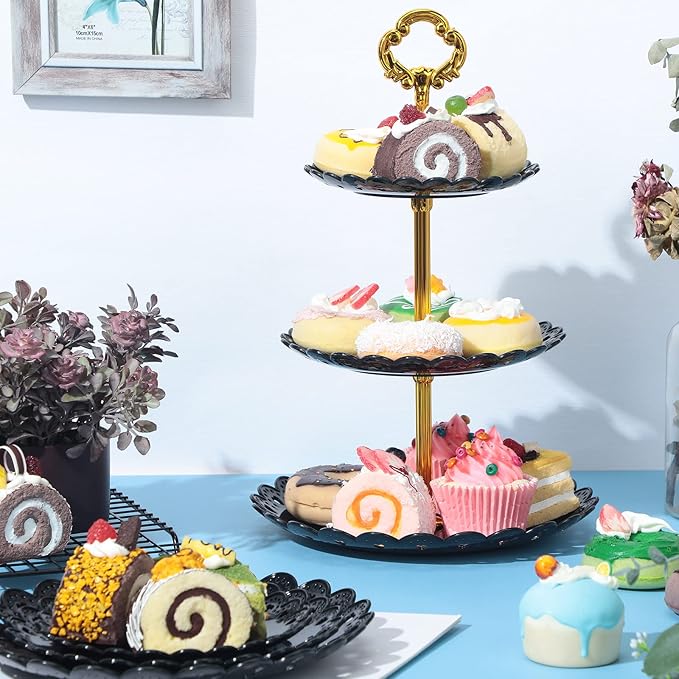4 Sets 3 Tier Plastic Dessert Stand Black Cupcake Stand Mini Cake Fruit Candy Display Tower Reusable Tiered Snack Serving Tray Black Gold for Wedding Tea Party Decor