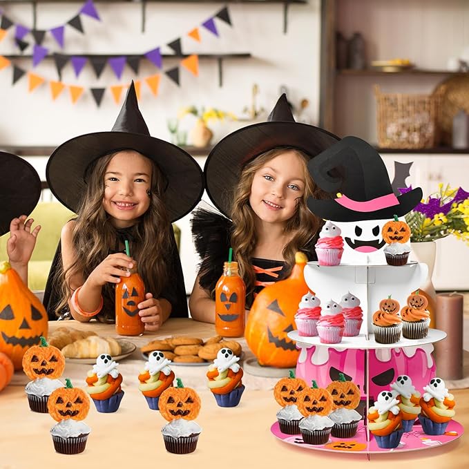 Haooryx Little Boo Party Decorations Cupcake Stand, 3 Tire Pink Boo Pumpkin Bat Cupcake Tower Spider Web Cardboard Dessert Holder for Halloween Little Boo Theme Party Birthday Baby Shower Table Supply