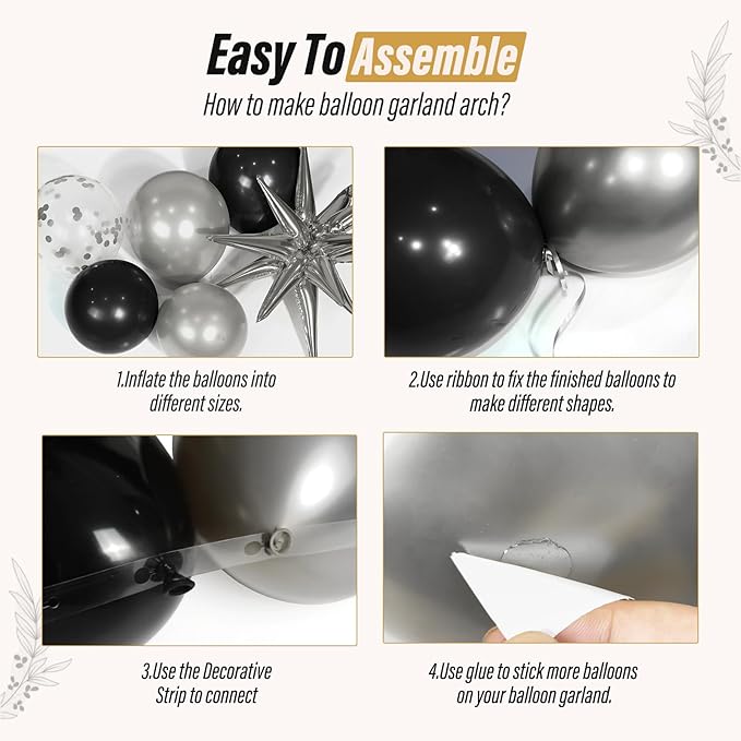 FOTIOMRG Black and Silver Balloons Garland Arch Kit with 3pcs Star Balloon, Metallic Sliver and Black Balloons for Birthday Graduation Baby Shower Disco New Years Party Decorations