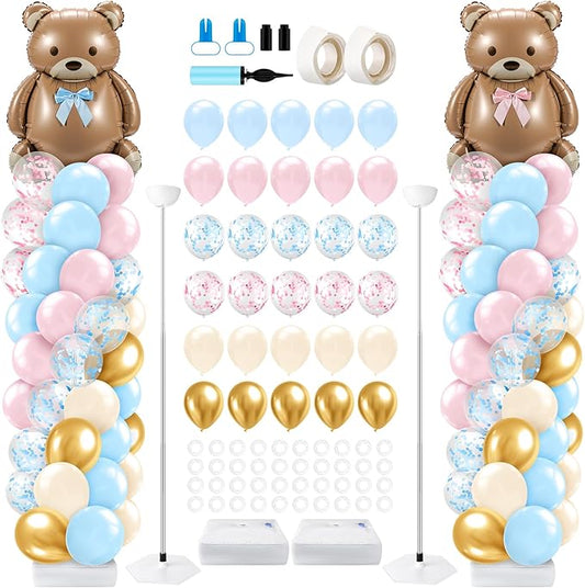 Lunmon 2 Sets Bear Gender Reveal Decorations, Bear Balloon Column Stand Kit Pink and Blue Balloon Arch Garland Backdrop Kit for Baby Shower Party Supplies