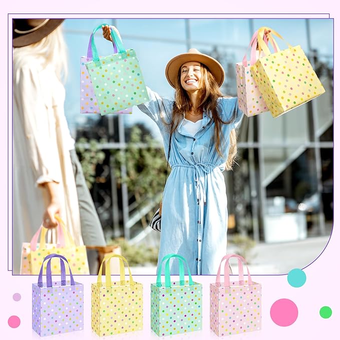 Sweetude 16 Pcs Pastel Spring Gift Bag with Handles Polka Dots Non Woven Reusable Goodie Bags for Mother's Day Women Wedding Birthday Baby Shower Party Favors