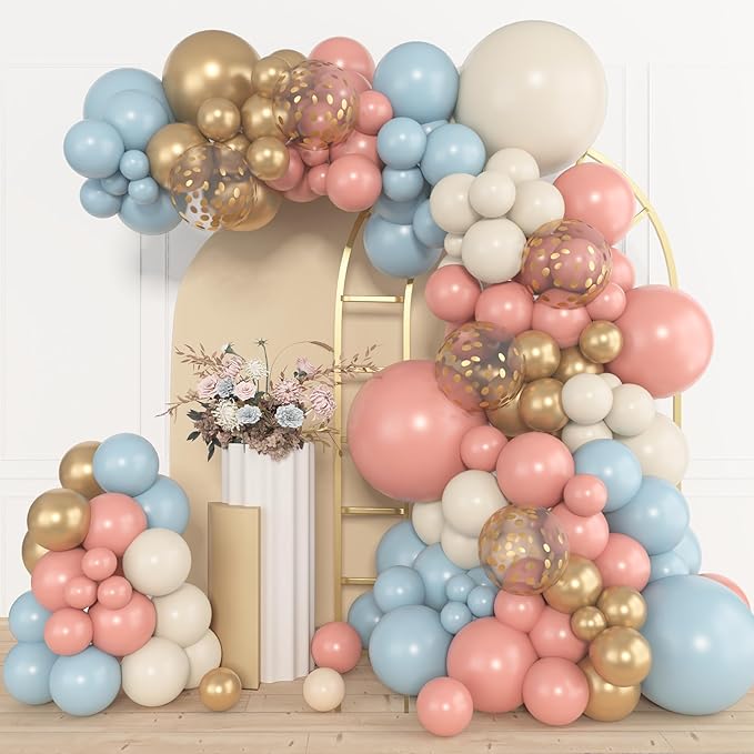 Amandir 153pcs Pink Blue Balloon Garland Arch Kit, Different Sizes 18 12 10 5 inch Dusty Pink Blue Nude Latex Metallic Confetti Gold Balloons for Gender Reveal Neutral Bear Baby Shower Decorations