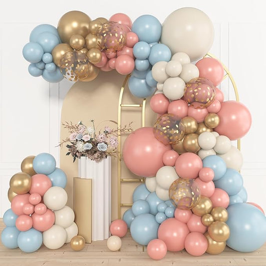 Amandir 153pcs Pink Blue Balloon Garland Arch Kit, Different Sizes 18 12 10 5 inch Dusty Pink Blue Nude Latex Metallic Confetti Gold Balloons for Gender Reveal Neutral Bear Baby Shower Decorations
