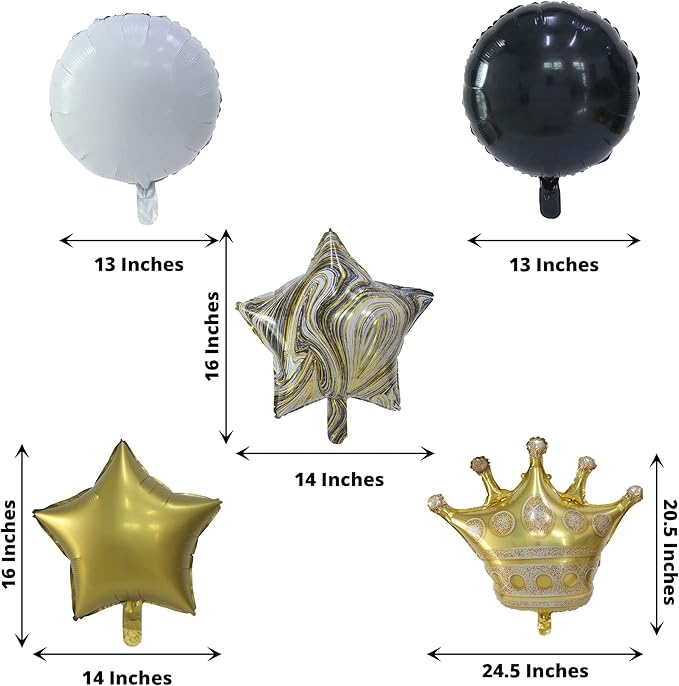 Tableclothsfactory Set of 6 | Gold/Black Marble Mylar Foil Party Balloon Set, Star, Round and Crown Balloon Bouquet with Ribbon, Party Decorations