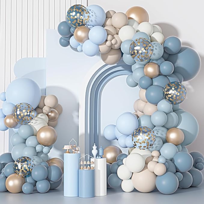 Ouddy Party Dusty Blue Balloons Arch Garland Kit, Different Sizes 18 12 10 5 Inch Dusty Blue Sand White Baby Blue Latex Metallic Confetti Balloon for Baby Boy Shower Wedding Birthday Party Decorations