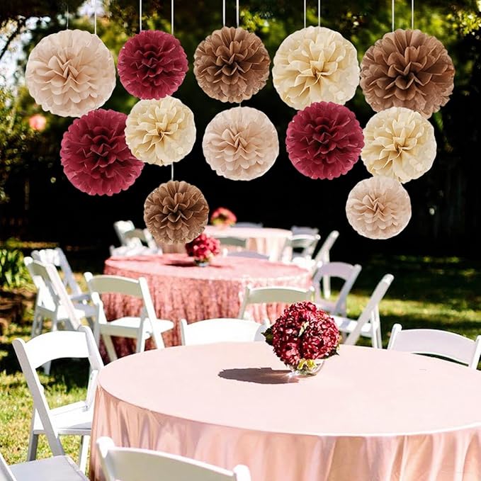 Capesaro Burgundy Beige 12PCS Paper Pom Poms Party Decorations for Engagement,Boho Wedding,Baby Shower