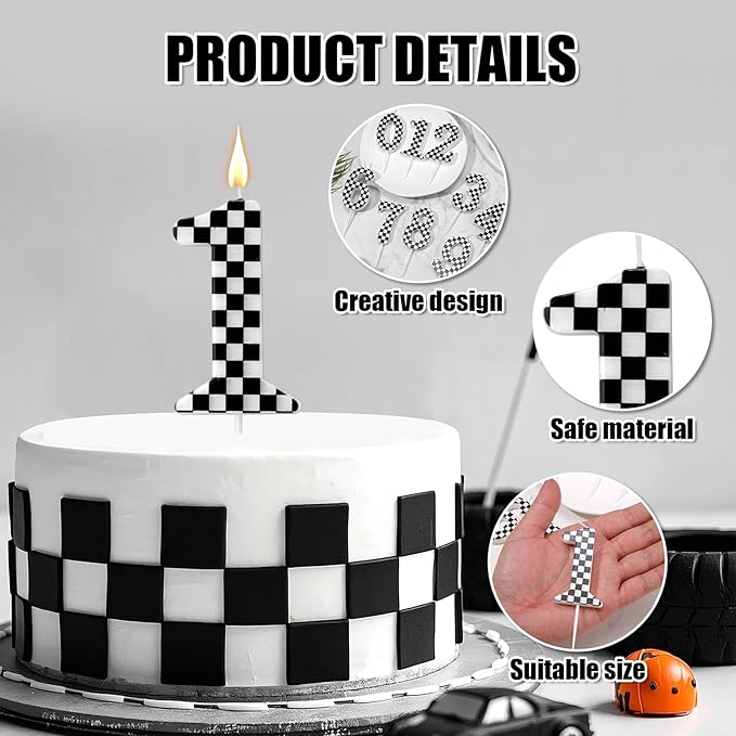 Racing Cars Themed Birthday Candle, Checkered Flag Number Candles Black and White Candles Happy Birthday Cake Topper Party Decorations for Boys Racing Cars Themed Party Supplies (Number 1)