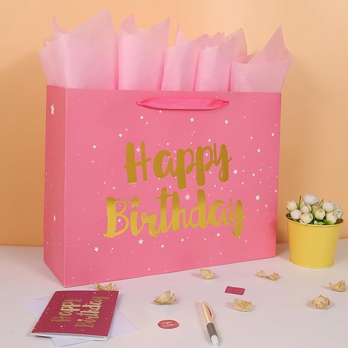 Qirrmiy 16.5” Extra Large Pink Happy Birthday Gift Bag Set with Handles, Greeting Card, Tissue Papers and Stickers for Women Girls Kids, Stars Design, 1 Pcs.