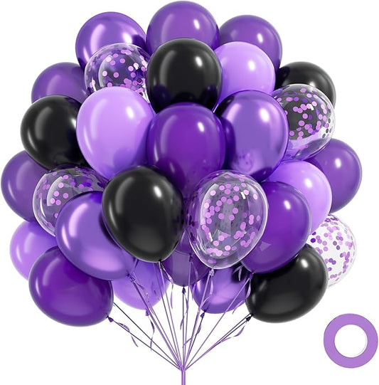 60pcs Purple and Black Balloons 12inch, Black Metallic Dark Purple Confetti Balloons for Birthday Party Decorations