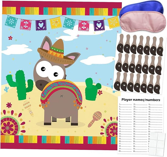 PARTYLOUD Mexican Party Games, Pin Tail on The Donkey, Mexican Fiesta Party Games Classroom Toddlers Preschool Party Supplies Favors for Boys Girls Adults