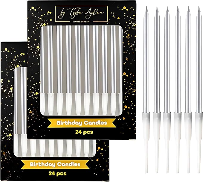 by Tugba Aydan Silver Birthday Candles, 24 Pack, Long Thin Metallic Cake Candles with Holders, Elegant Silver Candles for Cakes, Cupcakes & Parties