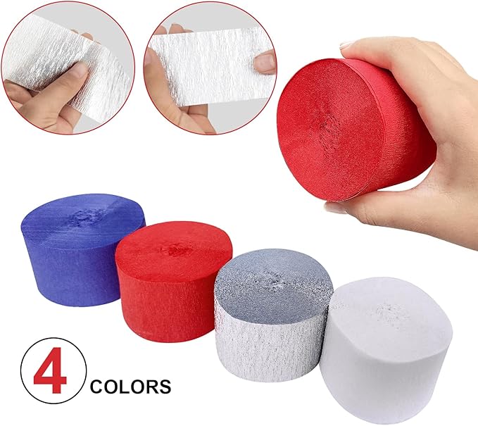 4 Crepe Paper Streamers Rolls, 328ft Pack of Red, White, Blue and Silver Crepe Paper for 4th of July, Independence Day, Labor Day, Veterans Day Decorations (1.8 inch x 82 ft/Roll)