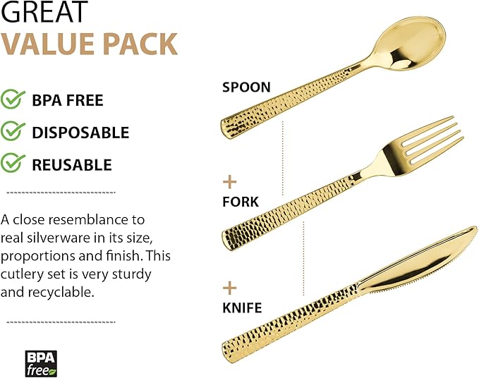 960 Piece Gold Plastic Silverware, Extra Heavyweight Disposable Cutlery Set, Full Size Gold Pebbled Flatware Combo, 480 Forks 240 Spoons 240 Knives, Bulk Party & Wedding Utensils