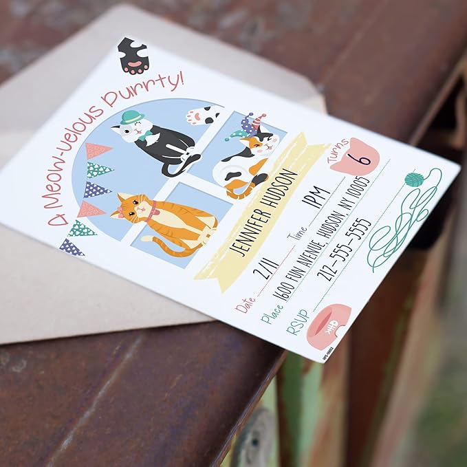 Kitten Birthday Party Invitations with Envelopes - (Pack of 20) - Cat Themed Party Invitations for Girls, Children, Boys, Toddlers, and More. Cat Birthday Party Supplies. Fill in Style