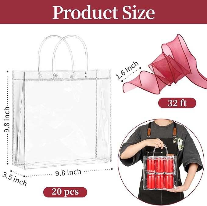 Jutieuo 20 PCS Clear Gift Bags with Handles, 9.8 x 9.8 x 3.5 Inches Reusable Plastic Goodie Bag Transparent Party Favor Bags Bulk for Weddings Birthdays Events, Classrooms & Celebrations