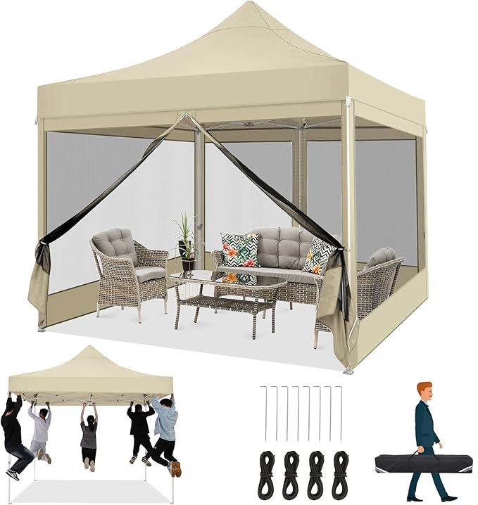 COBIZI 10x10 Heavy Duty Pop Up Canopy Tent with 4 Sidewalls, Easy Set Up Outdoor Waterproof Screen Commercial Party Tent with Mosquito Netting for Parties Backyard Patio, Carry Bag, Khaki