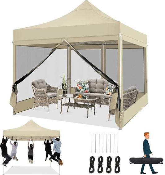 COBIZI 10x10 Heavy Duty Pop Up Canopy Tent with 4 Sidewalls, Easy Set Up Outdoor Waterproof Screen Commercial Party Tent with Mosquito Netting for Parties Backyard Patio, Carry Bag, Khaki