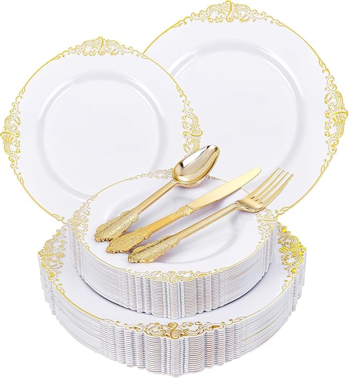 125PCS White and Gold Plastic Plates - Gold Disposable Plates with Plastic Silverware - Vintage Disposable Dinnerware Set for 25 Guests for Wedding Party Dinner Holiday