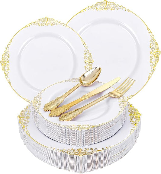 125PCS White and Gold Plastic Plates - Gold Disposable Plates with Plastic Silverware - Vintage Disposable Dinnerware Set for 25 Guests for Wedding Party Dinner Holiday