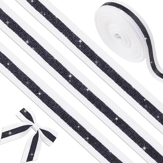 White Black Glitter Grosgrain Ribbon 5/8" x 10 Yards - No-Shed Cheer Ribbon for Cheerleading Hair Bows, Gift Wrapping, Homecoming Mum Supplies, Wedding Decorations Party Crafts Team Spirit