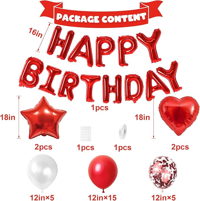 Red Birthday Decorations for Girls,Red and White Balloons Happy Birthdays Banner Balloon Heart and Star Foil Balloons for Women Girls Birthday Baby Shower Party Decorations