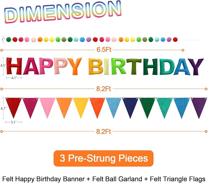 Pre-Strung Happy Birthday Banner & Felt Garland Set - Colorful Birthday Decorations for Women Men Boys Girls | Reusable Party Supplies for Indoor & Outdoor