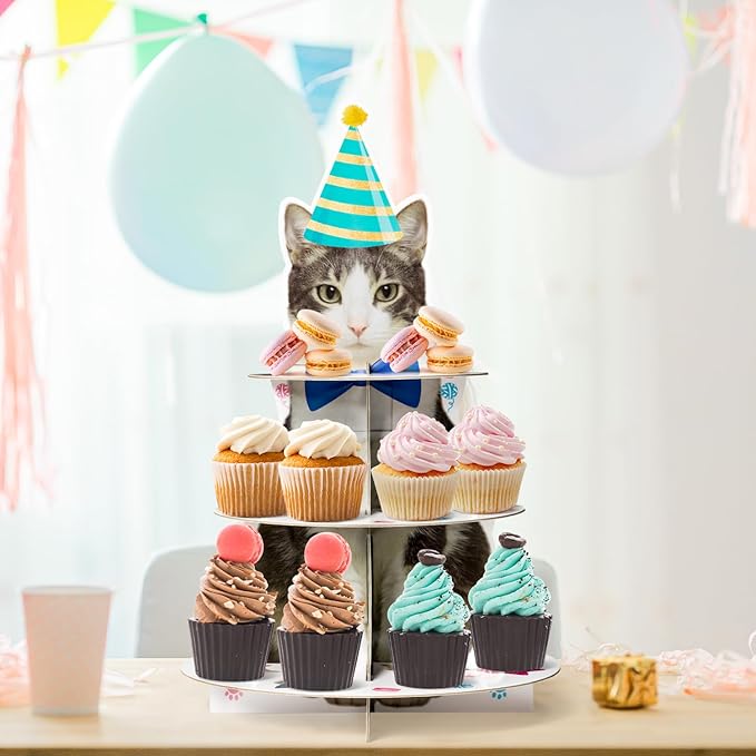 Haooryx Cute Cat Cupcake Stand - 3 Tier American Shorthair Cat Cupcake Tower Cardboard Dessert Holder Cake Stand Serving Tray for Cat Theme Party Table Decor Pet Lovers Kids Birthday Party Supplies