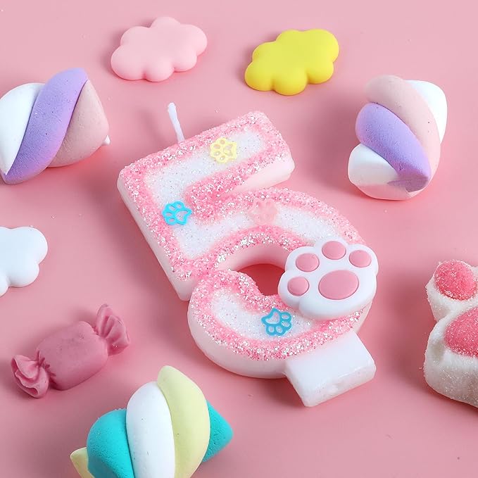 AKURIEEY Dog and Cat 5th Birthday Candle Pink Numbers 5 Candle Paw Cake Topper Cupcake Decorations for Pet Theme Party Decor Anniversary Celebrations Supplies