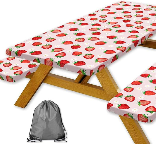 Strawberry Picnic Table Cover with Bench Covers and Bag, Camping Essentials, Berry Waterproof Windproof, Fitted Tablecloth Cover with Elastic Edge for Outdoor Garden 3 PCS 30x96 Inch