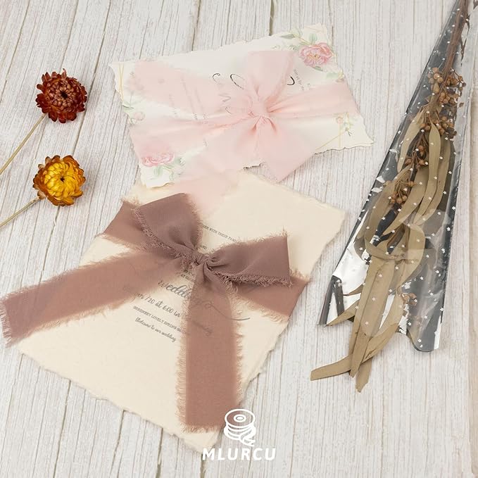 Dusty Rose Chiffon Ribbon 1.5 Inch x 21Yds Handmade Fringe Chiffon Silk Ribbon Brown/Peach/Pink Frayed Chiffon Ribbon for Wedding Invitation Flower Bouquets Bridal Shower Gift Wrapping