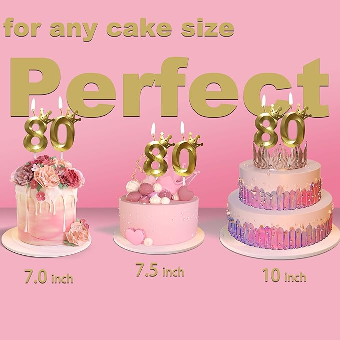 The Number 80 Gold Birthday Candles for Cake is Beautiful Number Candles for 80th Birthday Decorations for Man and Women(Gold-80, Crown)