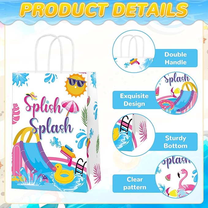 12Pcs Splish Splash Party Paper Bags Splish Splash Birthday Decorations Water Slide Kraft Gift Bags with Handles Pool Birthday Paper Candy Treat Bag for Kids Swimming Bash Hawaiian Luau Party Supplies