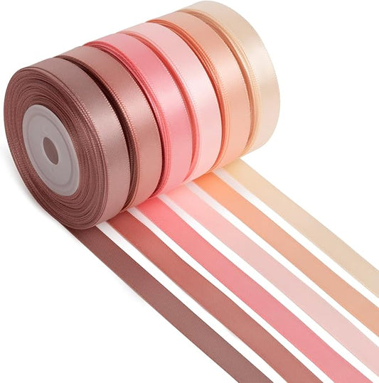 Pink Ribbon 3/8 Inch x 60Yds Assorted Thin Double Faced Satin, Dusty Rose, Rose Gold, Peach, Vanilla, Pink Ribbon for Flower Bouquet Gift Wrapping Wedding Invitation Bridal Shower Hair Bows Crafts