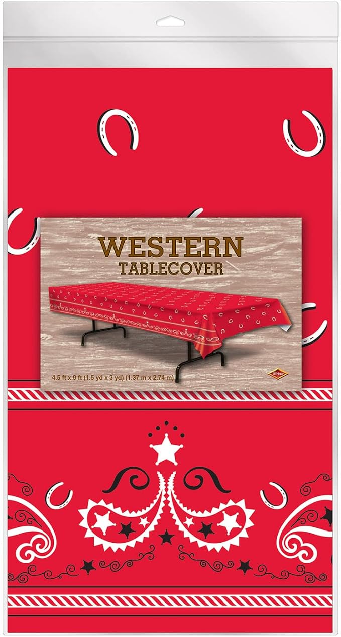 Beistle Red Bandana Tablecover, 54” x 108” – Plastic Table Cloth, Farm Theme Tablecloth, Cowboy Theme Party Decorations, Western Decorations, Bandana Tablecloth, Rectangular Tablecloth (Pack of 3)