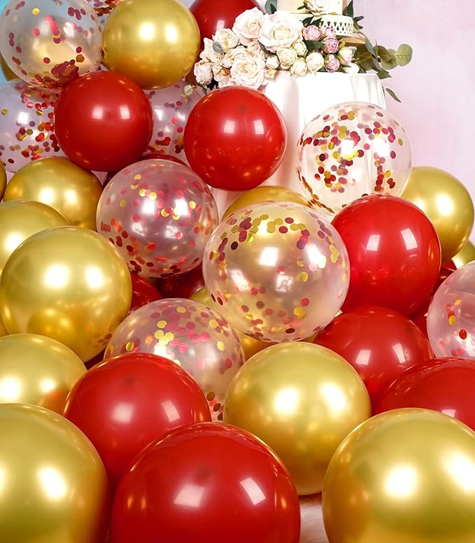 Metallic Shiny Red and Gold Balloons 12 Inch 67PCS Red Gold Confetti Balloons Latex Helium Balloon Set for Graduation Anniversary Wedding Birthday Party Decorations