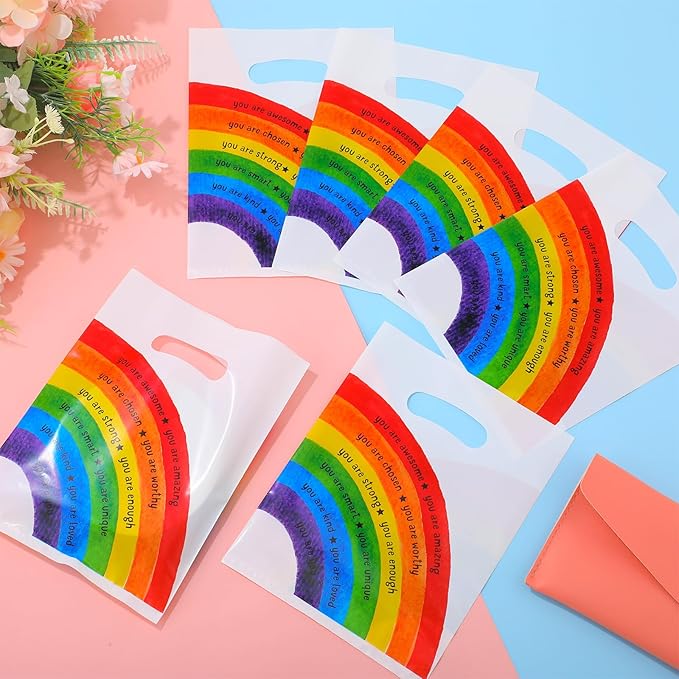 Coume 30 Sets Inspiration Quotes Treat Bags with Handles Small Plastic Party Favors Gifts Bags for Kids Students Birthday Party Gifts Favors (Rainbow Style)