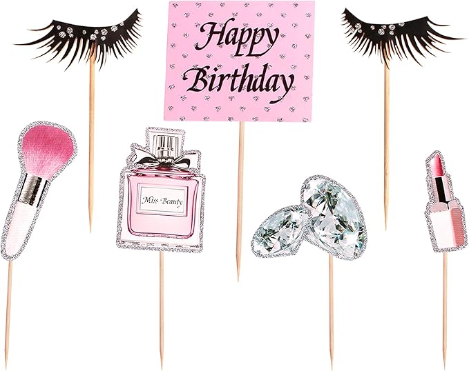Ercadio 28Pcs Makeup Birthday Cupcake Toppers Diamond Lipstick Cupcake Picks Eyelash Food Picks for Makeup Girl Pink Birthday Cupcake Decorations Bridal Shower Cosmetics Bachelorette Party Supplies