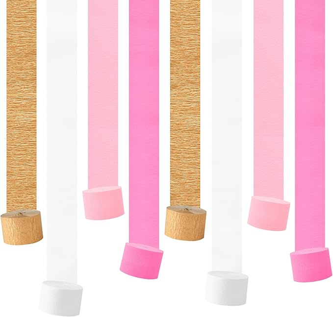 Pink Streamers Party Decorations, 8 Rolls 656ft Pink and Gold Crepe Paper Streamers for Wedding, Bridal Shower, Baby Shower, Birthday, Valentines Day, Bachelorette, Girl Party Backdrop Decorations