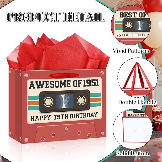 75th Birthday Gift Bag for Men Women Retro Tape 1951 Birthday Party Favor Bags with Tissue Paper and Greeting Card Vintage Cassette 75 Years Old Gift Wrapping Bag Decorations for Mom Dad Friends Gifts