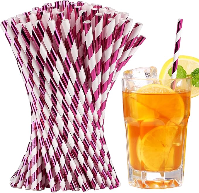 PakTalk Metallic Rose Gold Striped Paper Straws, 100 Pack Biodegradable Straws for Drinking, Valentines, Holiday, Party (0.24''*8.27'', Gold Striped)