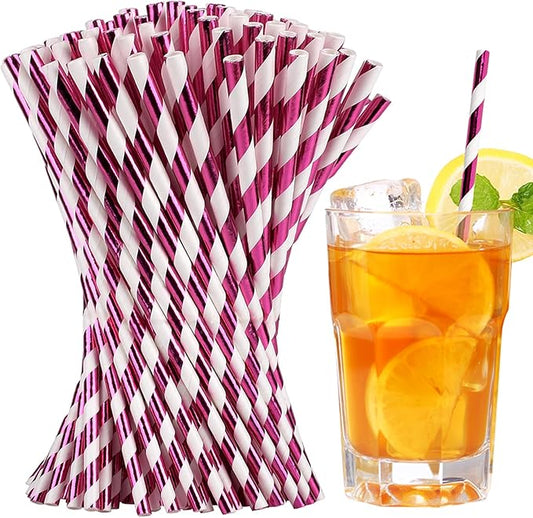 PakTalk Metallic Rose Gold Striped Paper Straws, 100 Pack Biodegradable Straws for Drinking, Valentines, Holiday, Party (0.24''*8.27'', Gold Striped)