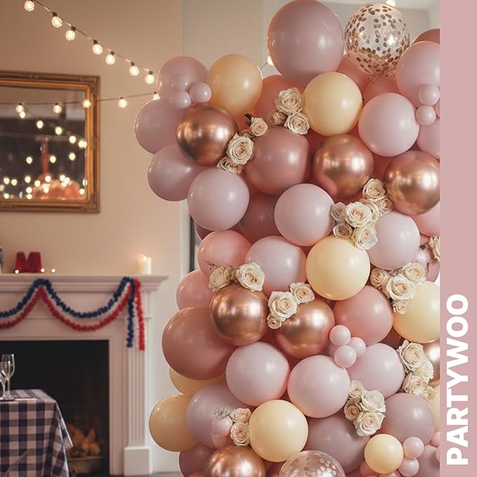 PartyWoo Dusty Pink Balloons 66pcs 12 Inch Blush Rose Pink Metallic Rose Gold Nude Boho White Sand Confetti Balloons for Baby Shower Birthday Gender Reveal Wedding Anniversary Party Decorations