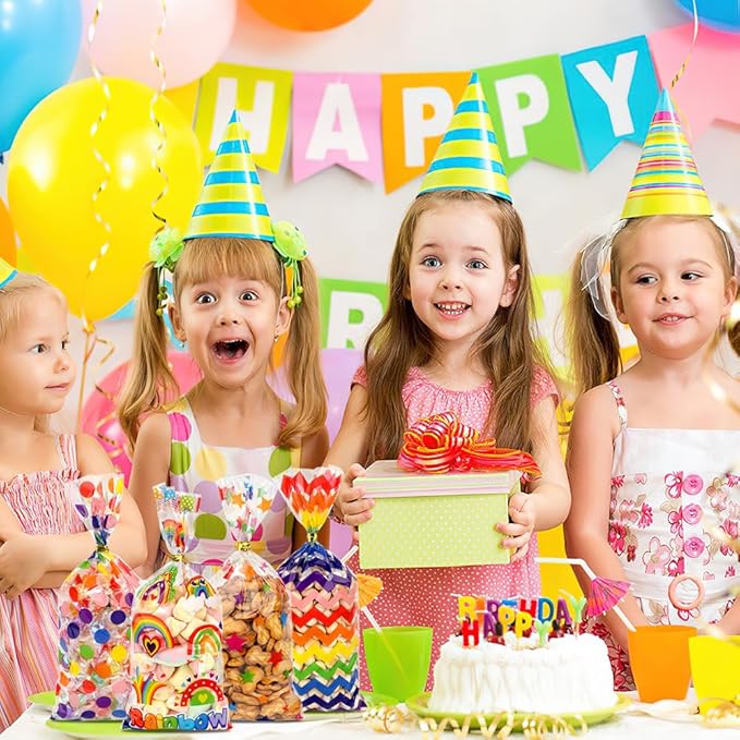 120 PCS Rainbow Cellophane Treat Bags, Colorful Cellophane Bags, Plastic Star Polka Dot Stripes Printed Candy Cookies Goodie Gift Bag for Valentine's Day Kids Birthday Party Holiday Favor Supplies